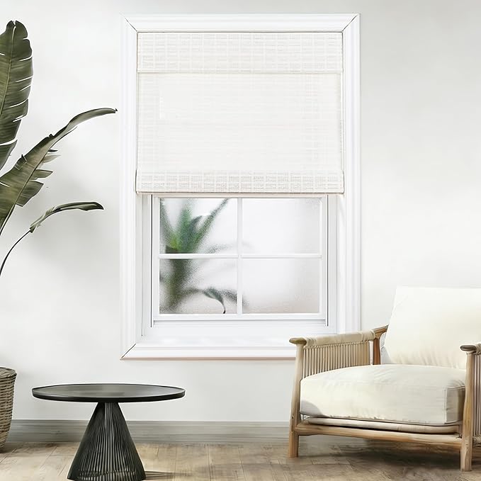 Motorized Bamboo Roman Shades, Motorized Blinds with Remote Compatible with Homekit, Alexa GoogleHome, Smart Wood Woven Shades for Indoor Windows, Customize, White Current