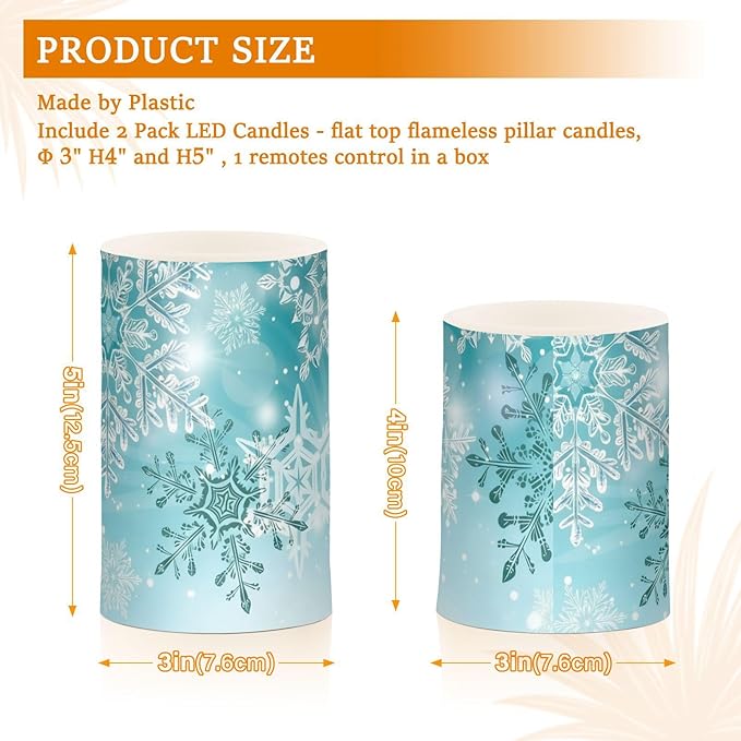 Christmas Lights Decorations Flameless Candles Silver Winter Teal Turquoise Snowflakes Christmas Pillar Candles Set of 2 Battery Operated Remote Control Warm Lights