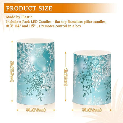 Christmas Lights Decorations Flameless Candles Silver Winter Teal Turquoise Snowflakes Christmas Pillar Candles Set of 2 Battery Operated Remote Control Warm Lights
