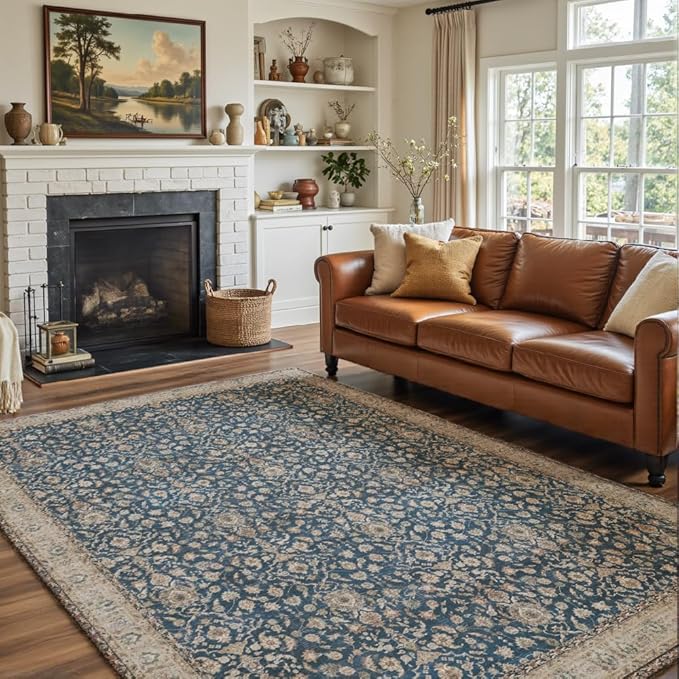 5x7 Area Rugs Dark Green Washable Rug for Living Room, Dining Room, Bedroom, Large Carpets, Non Slip & Non-Shedding Low Pile Vintage Print Rug for Home Office Decor