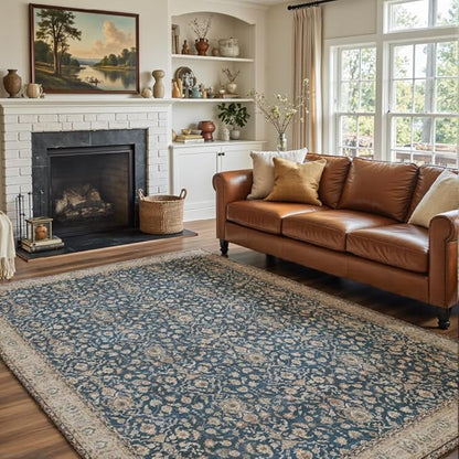 5x7 Area Rugs Dark Green Washable Rug for Living Room, Dining Room, Bedroom, Large Carpets, Non Slip & Non-Shedding Low Pile Vintage Print Rug for Home Office Decor