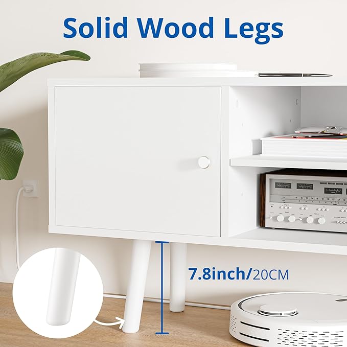 Cozy Castle TV Stand for 48-55 Inch TV, Mid Century Modern Entertainment Center with Storage Cabinet, TV Media Console with Charging Station for Living Room (White, 42.5" W x 15.7" D x 19.7" H)
