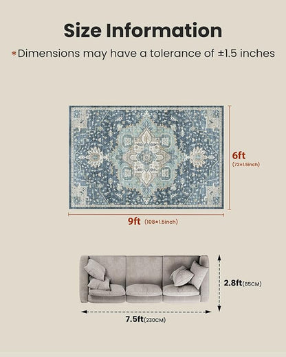 AMADA HOMEFURNISHING 6x9 Area Rugs, Blue Low-Profile Washable Rug with Non-Slip Backing & Durable Edge Binding, Vintage Rugs for Living Room, Bedroom, Dinning Room