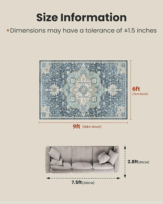 AMADA HOMEFURNISHING 6x9 Area Rugs, Blue Low-Profile Washable Rug with Non-Slip Backing & Durable Edge Binding, Vintage Rugs for Living Room, Bedroom, Dinning Room