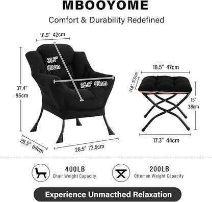 MBOOYOME Lazy Chair with Folding Ottoman, Modern Accent Lounge Armchair with Armrests and a Side Pocket & Foldable Footstool, Leisure Reading Chair for Living Room, Bedroom, Dorm & Office, Black