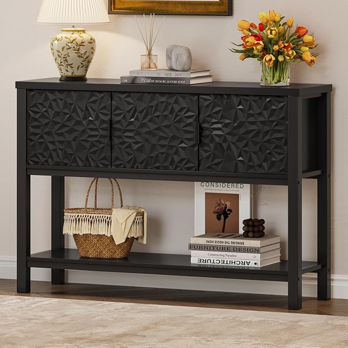 FATORRI Black Console Table with Storage, 47” Modern Farmhouse Entryway Table with 3 Doors, Sofa Table for Hallway, Living Room, Foyer