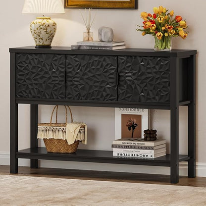 FATORRI Black Console Table with Storage, 47” Modern Farmhouse Entryway Table with 3 Doors, Sofa Table for Hallway, Living Room, Foyer