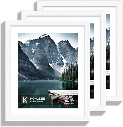 Hongkee 10x12 Picture Frame with Real Glass - Display Pictures 8x10 with Mat or 10 x 12 without Mat, Photo Frame for Wall or Table Top Display(White, 3 Pack)