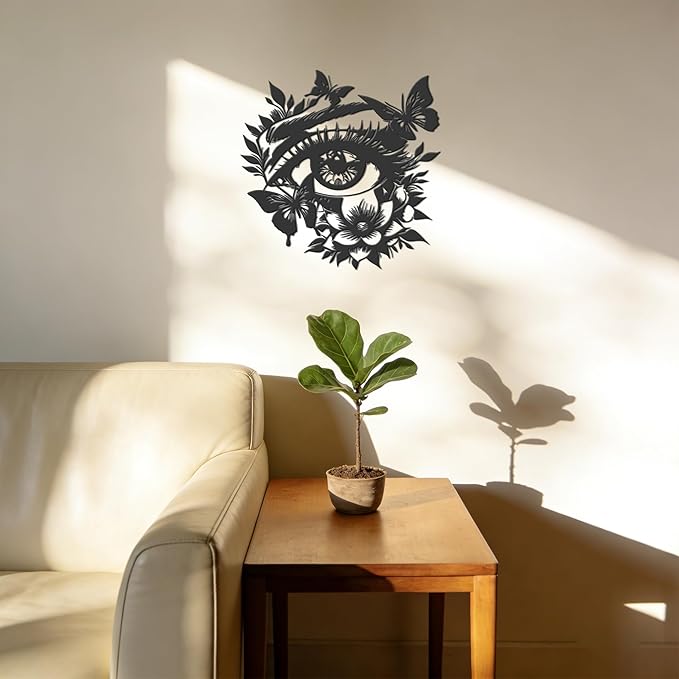JEWLOVE Eye with Butterfly & Flowers 3D Metal Wall Art - Black Metal Butterfly Wall Decor, Rustic Nature Themed Wall Sculpture for Living Room, Bedroom, 12.4" x 12.4"
