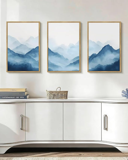 Drsoum Blue Fog Mountains Landscape Wall Art Framed Vintage Nature Misty Nordic Prints Ink Wash Watercolor Boho Farmhouse Rustic Artwork Hallway Bedroom Ready to Hang 16x24in Natural Framed