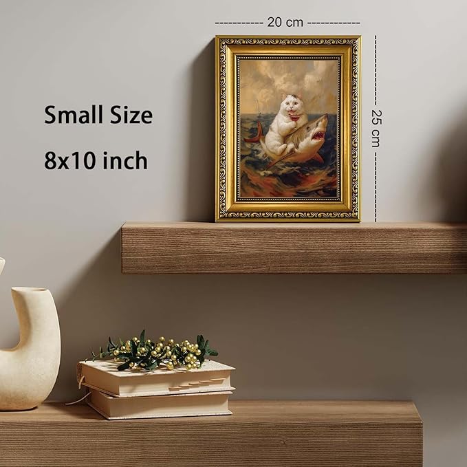YD&YZY Gold Framed Funny Cat Bathroom Wall Art Canvas Vintage Quirky Humor Wall Decor Cat Riding Shark Martini Painting Picture Print Artwork for Bedroom Living Room Bathroom 8x10 inch Small Framed