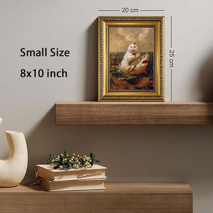 YD&YZY Gold Framed Funny Cat Bathroom Wall Art Canvas Vintage Quirky Humor Wall Decor Cat Riding Shark Martini Painting Picture Print Artwork for Bedroom Living Room Bathroom 8x10 inch Small Framed