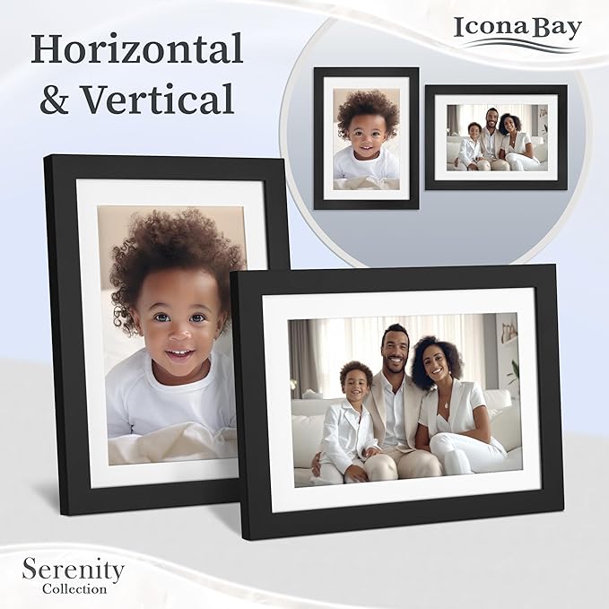 Icona Bay 5x7 Picture Frames w/Removable Mat for 4x6 Photos (Black, 10 Pack), Sleek Modern Style Frames, Table Top or Wall Mount, Serenity Collection