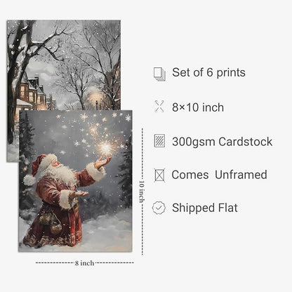 Vintage Christmas Wall Art Prints – Winter Holiday Posters with Santa, Snowy Village, Reindeer & Forest Scene, Rustic Christmas Decorations for Living Room, Bedroom & Fireplace – 8×10 Unframed