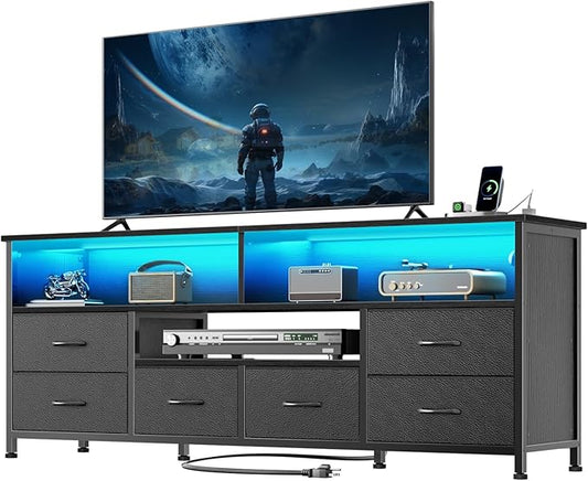 Furologee 55 Inch TV Stand, Entertainment Center with Power Outlets and LED Lights for 55 60 Inch TVs, Media Console Table Dresser with 6 Fabric Drawers, for Bedroom, Living Room, Black