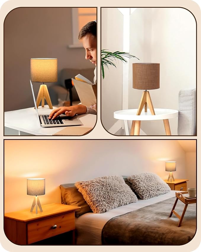 Tripod Table Lamp, 16 Inches Height with Brown Jute Lamp Shade Bedside Lamp Nightstand Lamp for Nursery, Bedroom, Kid Room, Living Room, Light Brown Wooden Base