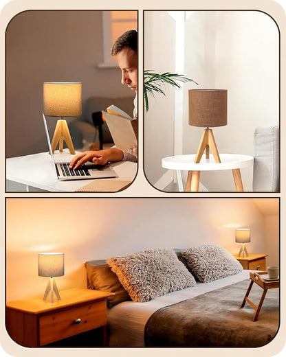 Tripod Table Lamp, 16 Inches Height with Brown Jute Lamp Shade Bedside Lamp Nightstand Lamp for Nursery, Bedroom, Kid Room, Living Room, Light Brown Wooden Base