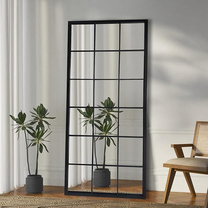 OUSHUAI Balck Full Length Mirror,Window Pane Grid Minimalism Long Floor Wall Mounted Mirrors for Entryway,Hallway,Living Room,Fireplace 22"X53"