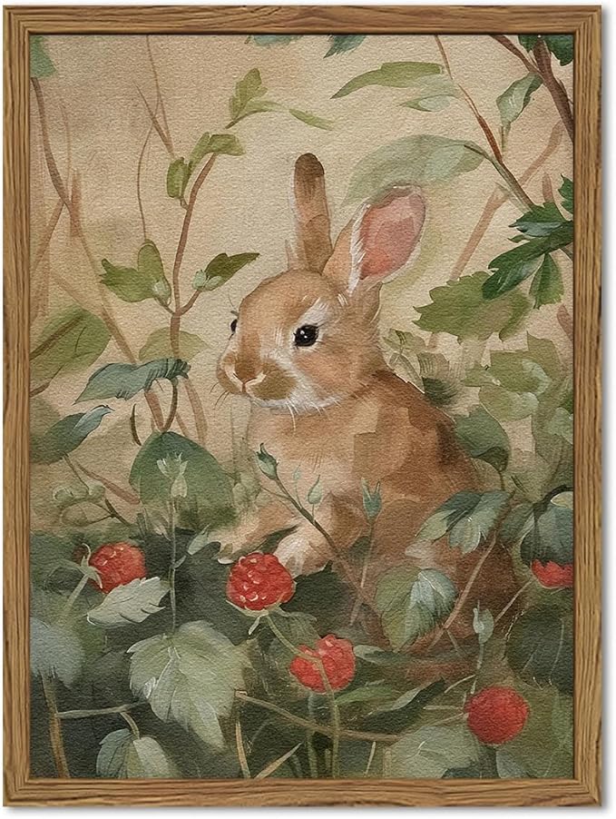 Framed Vintage Rabbit Wall Art, Cute Bunny Pictures Wall Decor, 3D Textured Sandstone Rustic Animal Botanical Paintings Prints Cottagecore Home Decor for Living Room Bedroom Nursery 12x16 inch