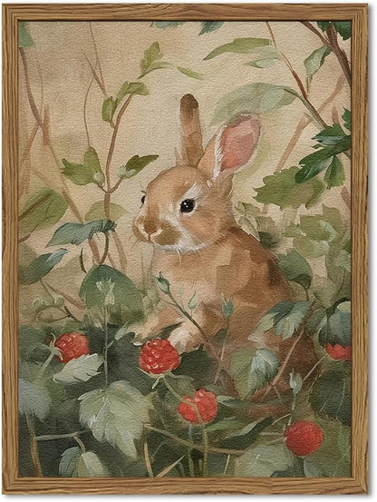 Framed Vintage Rabbit Wall Art, Cute Bunny Pictures Wall Decor, 3D Textured Sandstone Rustic Animal Botanical Paintings Prints Cottagecore Home Decor for Living Room Bedroom Nursery 16x24 inch