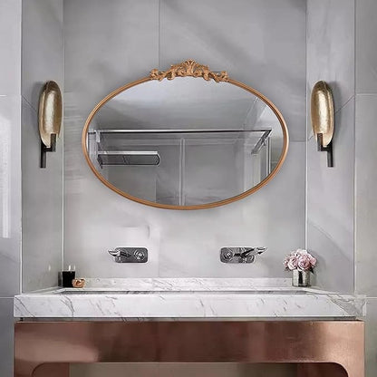 HQiJun Oval Gold Mirror for Bathroom Vanity, Baroque Ornate Vintage Wall Mirror with Large Rounded Metal Frame, Decorative Antique Brass Mirror for Bedroom, Dresser, Entryway (Gold, 24”x 35.5" x1.2")