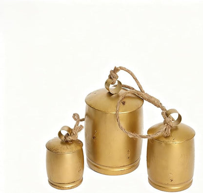 Vintage Gold Metal Cow Bells Set of 3 Handcrafted Hanging Bells with Jute Rope Rustic Farmhouse Distressed Bells for Porch Wreaths Walls & Year-Round Ranch Décor