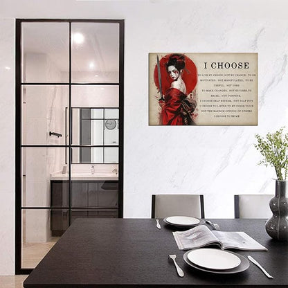 Motivational Japanese Samurai Canvas Wall Art Prints Women Red Moon Wall Decor Painting Inspirational Quotes I Choose Poster Framed for Office Living Room Gym Framed (12''W x 16''H)