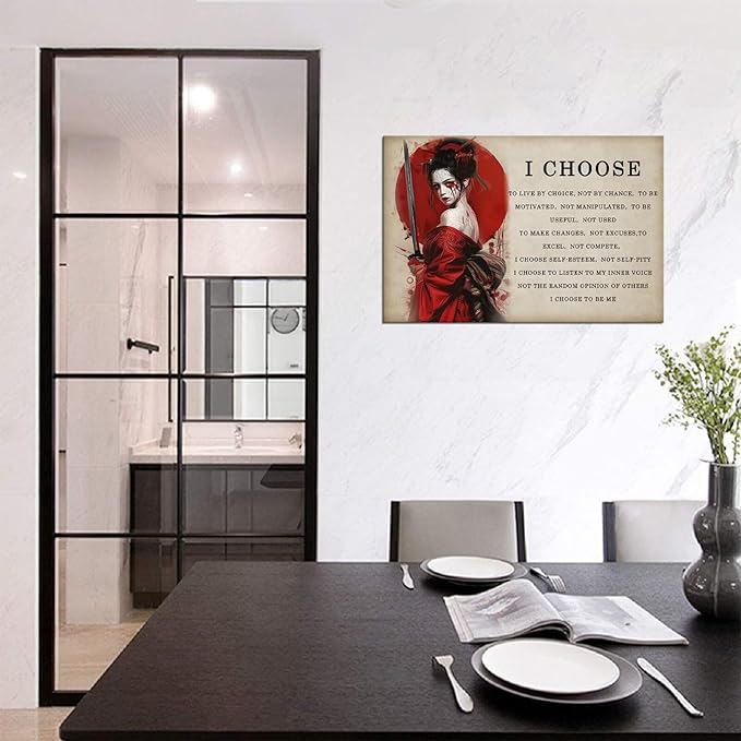Motivational Japanese Geisha Canvas Wall Art Prints Red Moon Wall Decor Samurai Painting Inspirational Quotes I Choose Poster Framed for Hotel Living Room Bedroom Framed (28''W x 44''H)