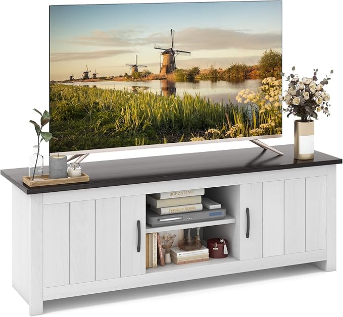 Tangkula 2 Doors TV Stand for TVs up to 65”, 57” TV Console Table w/ 2 Cabinets & Open Shelves, Media Entertainment Center w/ 2 Cable Management Holes, Wood TV Cabinet for Living Room (Dark Brown)