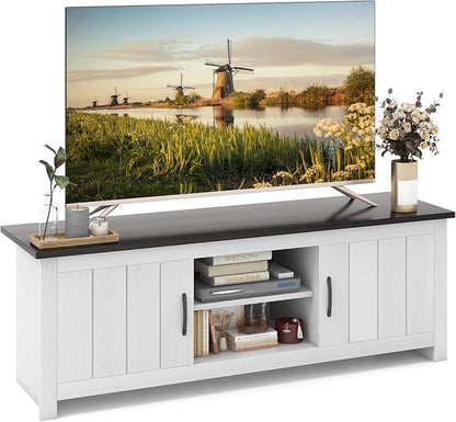 Tangkula 2 Doors TV Stand for TVs up to 65”, 57” TV Console Table w/ 2 Cabinets & Open Shelves, Media Entertainment Center w/ 2 Cable Management Holes, Wood TV Cabinet for Living Room (Dark Brown)