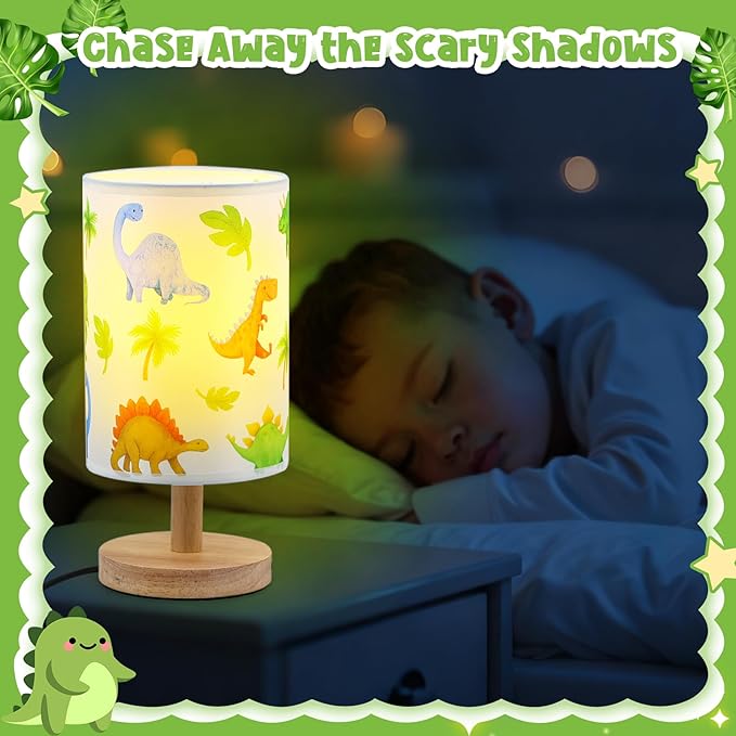Dinosaur Table Lamp for Kids Bedroom - Cartoon Dinosaur Bedside Lamp with Linen Lampshade Wooden Stand Night Light for Boys Bedroom Living Room Nursery Room Decor Dino Gifts for Boys