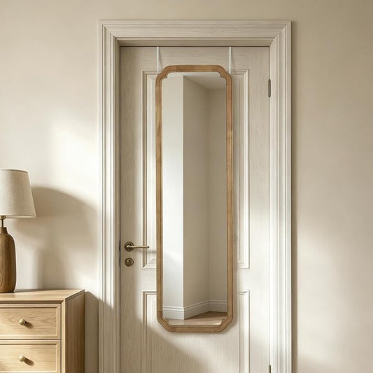 WallBeyond 48" x 14" Full Length Door Mirror with Rustic Rounded Corner Wood Frame, Over the Door Hanging Mirror for Bedroom, Closet, Dressing Area and Entryway, Natural
