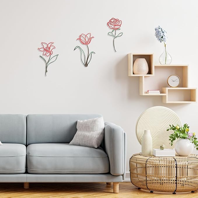 Oubasa 3 Pieces Metal Flowers Wall Art Decor, Rustic Farmhouse Metal Wall Ornament Arts Pink Minimalist Floral Decor for Bathroom Kitchen Bedroom Living Room, 6x10 Inches - Housewarming Gifts