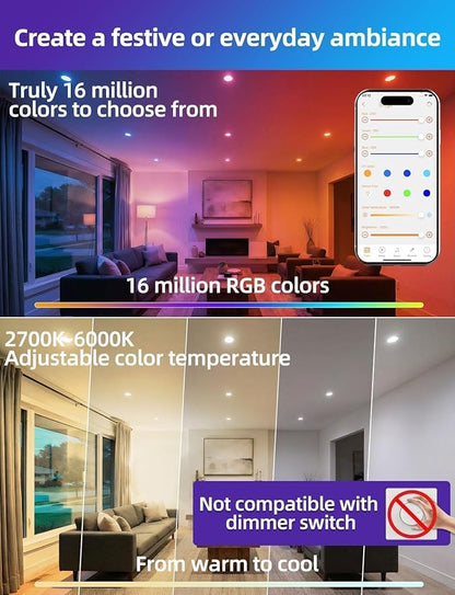 Retrofit LED Recessed Lighting 5/6 Inch, Color Changing, 13W Bluetooth APP Control, Color Temperature Tunable 2700K-6000K, ETL (6 Pack)