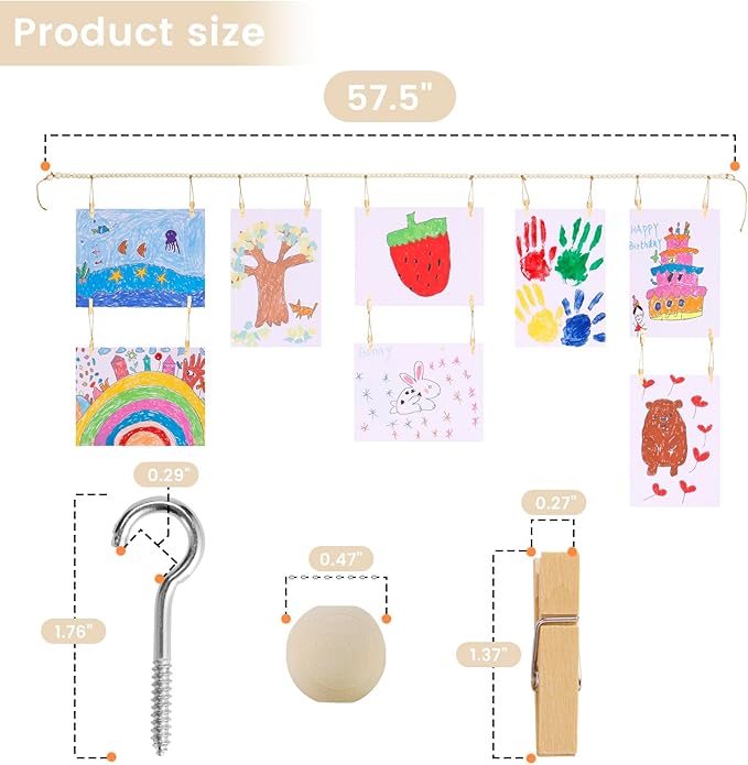 KLOGTSIND Kids Art Display Wall Decor, Wooden Beads Garland Frame Holder with 34 Clips for kids artwork, Photo, Wall Hanging Boho Room Bedroom Decor