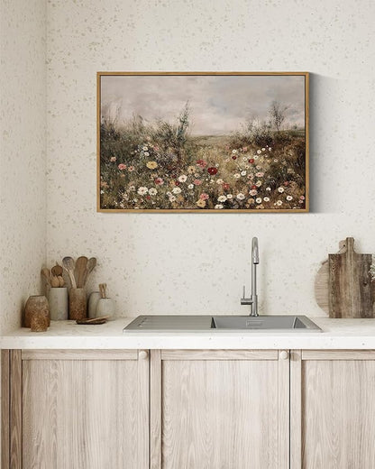 InSimSea Framed Canvas Prints Art Vintage Decor, Classical Wildflower Field Meadow Flowers Painting, Rustic Landscape Large Wall Art for Living Room Bedroom Home Bathroom Wall Decor, 16x24inch