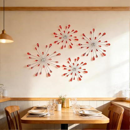 ZEXUIRU 4 Pcs Red Starburst Wall Decor Metal Bling Wall Art Crystal Accents 3D Modern Decoration Glam Hanging Sculptures for Living Room Bedroom Office Teen Girl Room – Easy to Hang Home Decor Set