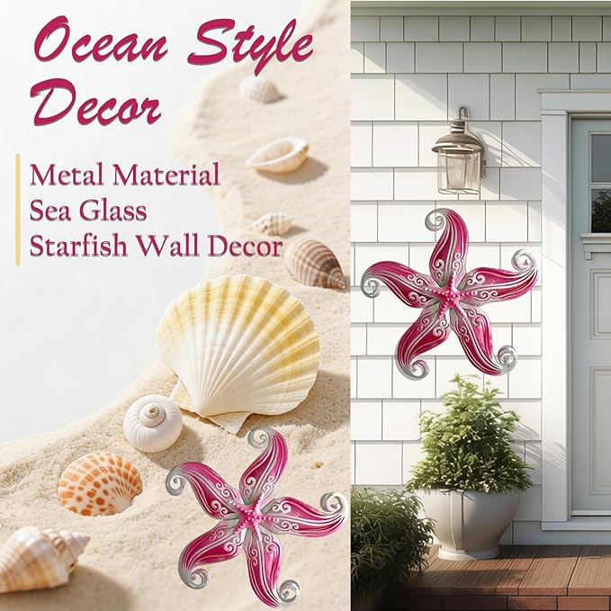 POXOHO Starfish Outdoor Wall Decor Art, 12" Hanging Metal & Glass Sculpturefor Indoor Outdoor, Starfish Yard Patio Fence Garden Decorations(Pink)