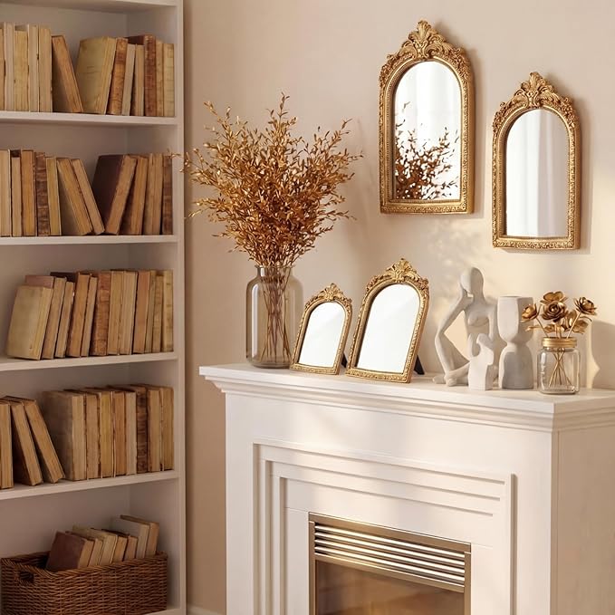 Thyle 4 Pcs Vintage Mirror Set Gold Antique Makeup Mirror Arch Retro Resin Baroque Decorative Wall Square Hanging Desk Tabletop Room Bedroom Bathroom Gallery (13x9 10x7 8x5 7x4)(Light Color)