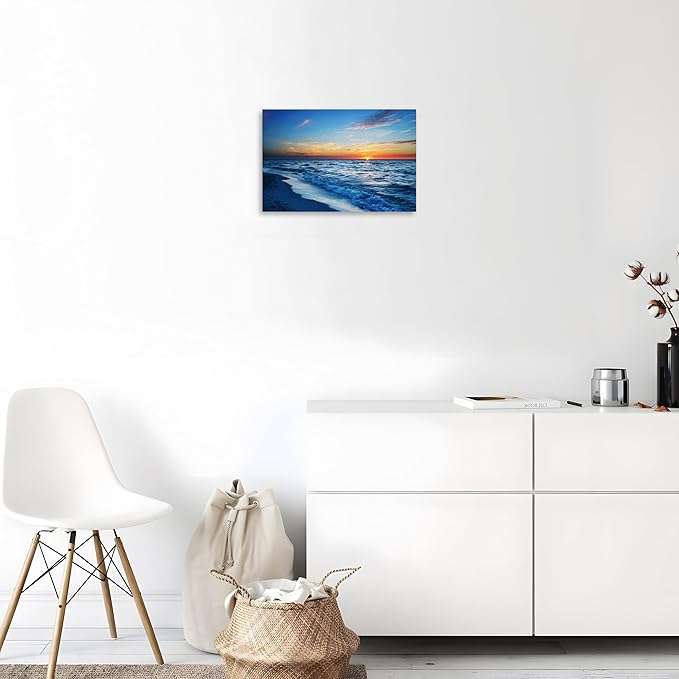 TutuBeer 1 Panel Beach Pictures Wall Art Beach Canvas Wall Art Blue Ocean at Sunrise Picture Print on Canvas Sea Artwork for Walls Seascape Pictures for Home Decor Ready to Hang 16x24inch