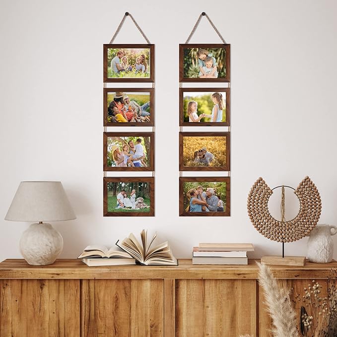 Lavezee 5x7 Hanging Collage Picture Frames Set of 2, Walnut Brown 8 Opening Horizontal Frame Made to Display 5 by 7 Inch Photo for Wall Decor