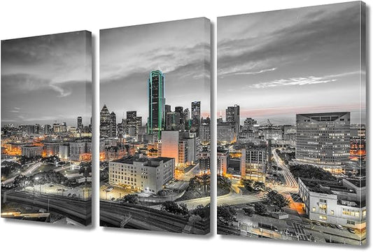 TUMOVO 3 Panel Dallas Texas USA Skyscrapers Landscape Artwork Canvas Wall Art Beautiful City Skyline Posters and Prints Bathroom Decor Wall Art Print on Canvas Framed Ready to Hang (36" Wx24 H)