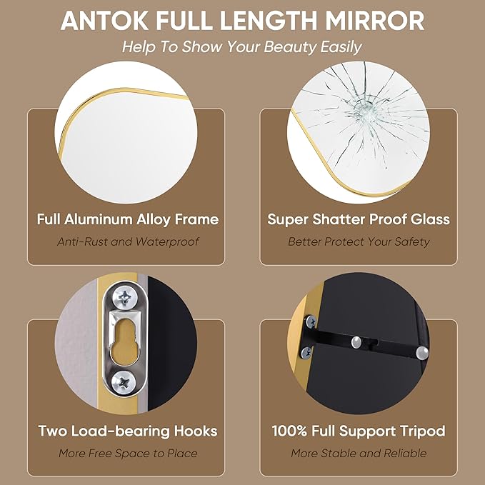 Antok Full Length Mirror, 71"x32" Floor Mirror Freestanding, Arched Floor Standing Large Mirror Full Body Mirrors with Stand for Bedroom, Hanging Mounted Mirrors for Living Room, Gold