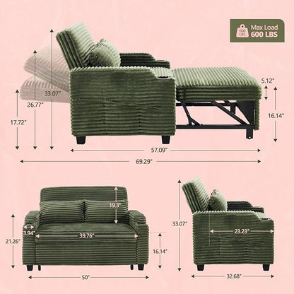 VINGLI Green Futon Sofa Bed Convertible Loveseat Sleeper Sofa Couch, Corduroy Pullout Sofa Fold Out Couch Bed with USB Ports, Cup Holders, Armrest for Living Room, Bedroom Apartment Room | Lveseat Sleeper