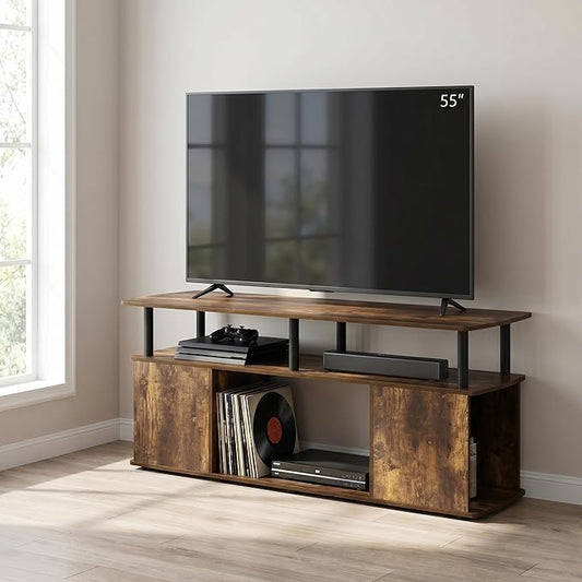 Furinno Jaya TV Stand, 3-Tier Entertainment Center with Open Shelf, TV Console for TV up to 50 Inch with Side Storage Compartments, for Living Room, Bedroom, Amber Oak