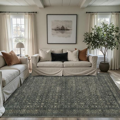 Vintage Area Rugs 5x7, Washable Rugs for Living Room, Green Boho Floral Rug for Office, Dining Room and Farmhouse, Durable Low Pile Non-Slip Area Rug for High Traffic Areas(Moss Brown)