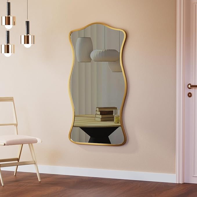 Irregular Wavy Wall Mirror,47"x22"Asymmetrical Wall Mirror,Aluminum Alloy Frame Large Abstract Modern Unique Shape Full Length Mirrors for Living Room Bathroom Bedroom Entryway Hallway