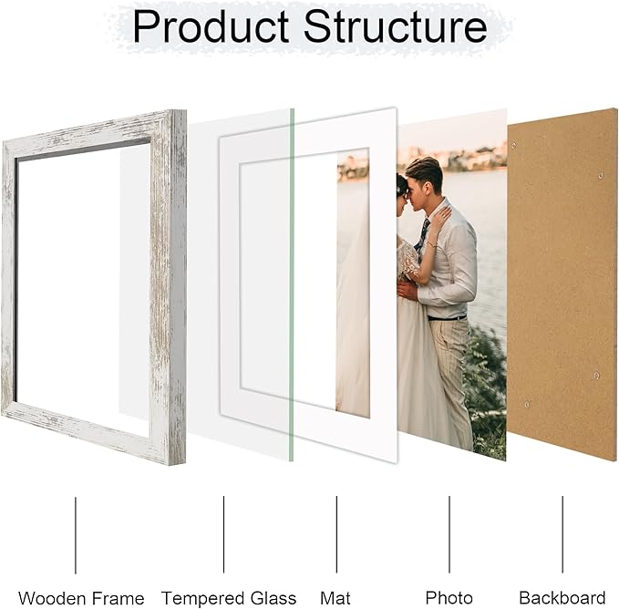 iRahmen 10x12 Picture Frame with Mat 8x10 - High Definition Tempered Glass Wooden Photo Frames for Tabletop Display and Wall Mounting (Distressed-White, Set of 2)