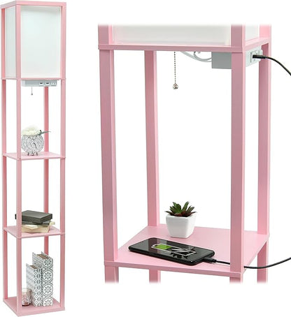 Simple Designs LF1037-LPK-LB Three Shelf Etagere Organizer Storage Floor Lamp with 2 Dual USB Ports and Charging Outlet, Light Pink, with Feit LED Bulb Included