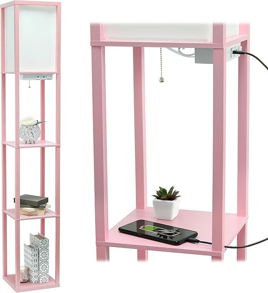 Simple Designs LF1037-LPK-LB Three Shelf Etagere Organizer Storage Floor Lamp with 2 Dual USB Ports and Charging Outlet, Light Pink, with Feit LED Bulb Included